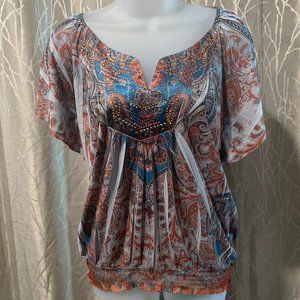 Apt 9 Blue Orange Silky Short Sleeve Women's Top Blouse Sparkle Detail Cute